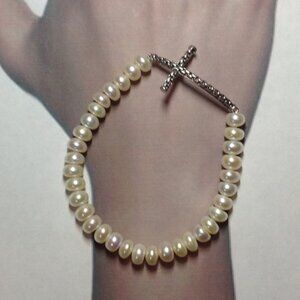 Honora Sterling Silver Cross Bar with Freshwater Pearl Stretch Bracelet.